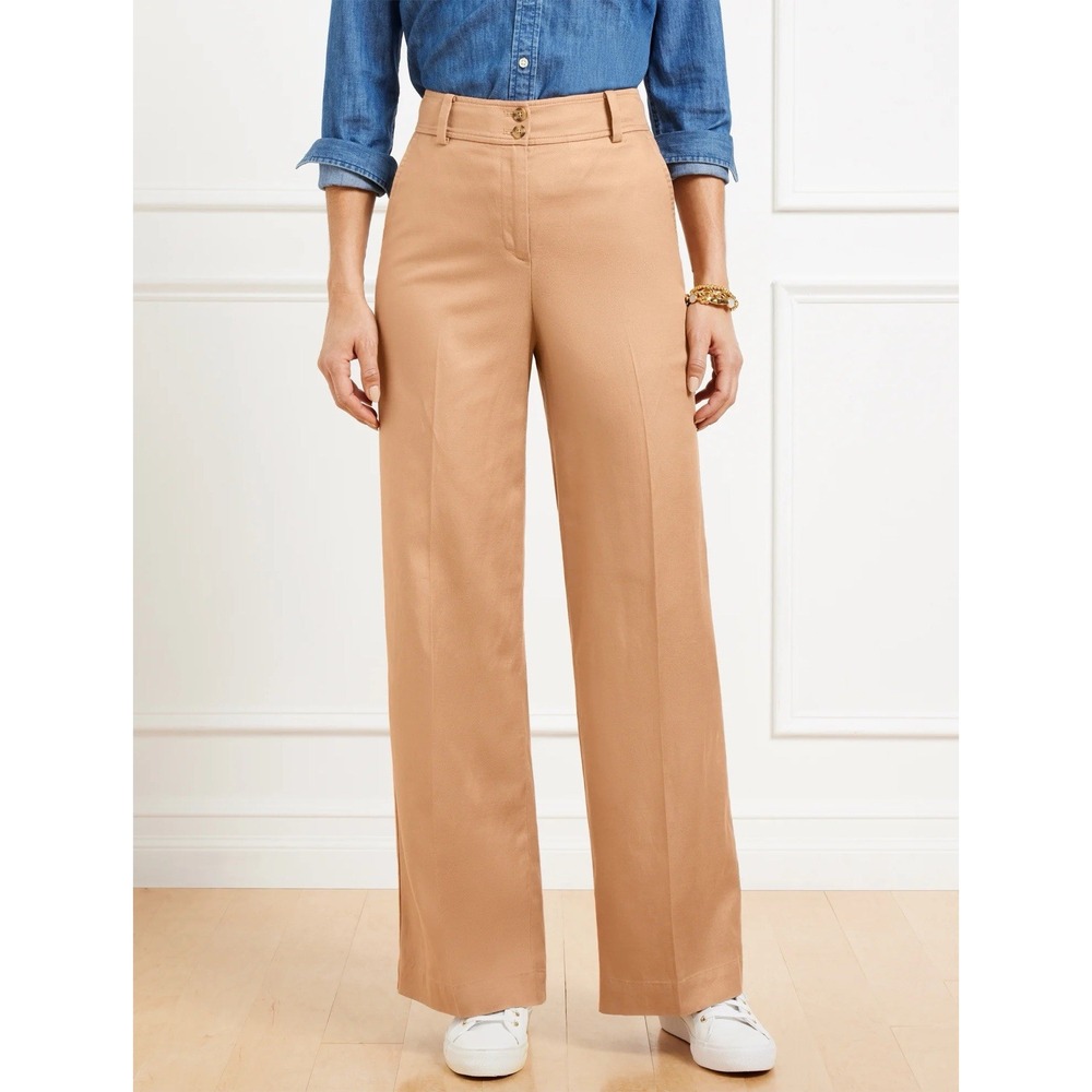 Talbots Linen Tencel Blend Wide Leg Pants Khaki Tan Office Career Classic Size 4